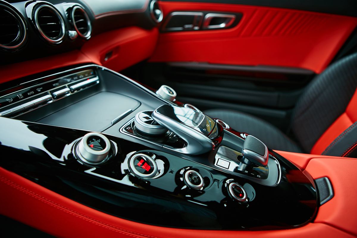 Interior detail · leather + console